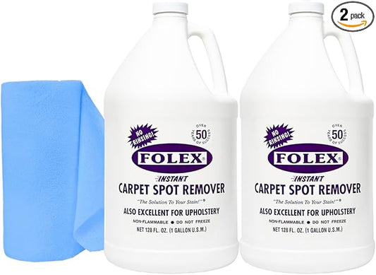 FOLEX Instant Carpet Spot Remover 128 oz - Powerful Stain Remover for Carpets, Upholstery & Rugs - Eliminates Pet Stains, Grease, Red Wine, Food, Makeup & More - With Reusable Cleaning Cloth - 2 Pack