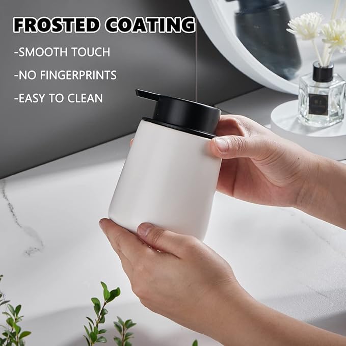 12Oz White Foam Soap Dispenser - Ceramic Foaming Hand Soap Dispenser Set with Easy-to-Press Pump, Refillable Liquid Dish Soap Dispensers for Bathroom and Kitchen, 2 Pack