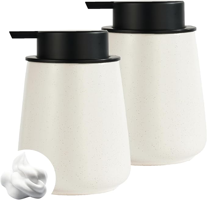 12Oz Beige Foaming Soap Dispenser Set - Ceramic Foam Hand Soap Dispenser Set with Easy-to-Press Pump, Refillable Liquid Dish Soap Dispensers for Bathroom and Kitchen, 2 Pack