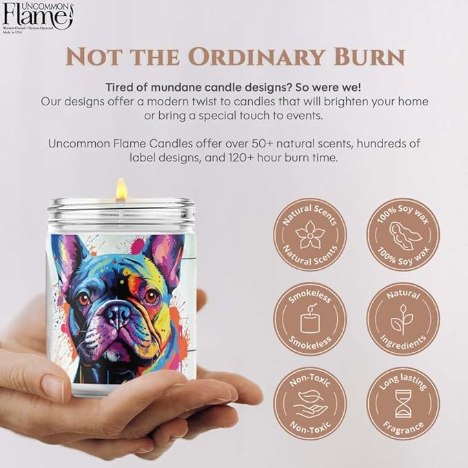 100% Handmade Non-toxic Soy Wax Candle, Citrus Floral Scent, 120hr Burn, Soot Free, Cotton Wick, 16 oz - Gift for Dog Moms & Dads, French Bulldog Lovers (Frenchie, Lemon & Lavender)