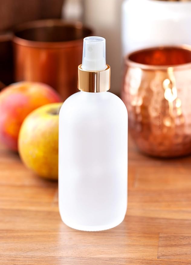 JUVITUS 8 oz / 240 ml Frosted Clear Glass Boston Round Bottle with Gold Fine Mist Spray (12 pack)