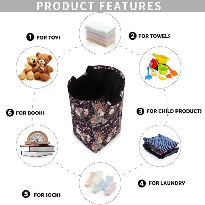 visesunny Vintage Paris Large Laundry Hamper with Handle Foldable Durable Clothes Hamper Laundry Bag Toy Bin for Bathroom, Bedroom, Dorm, Travel
