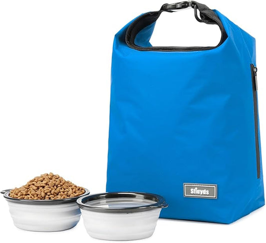 Pet Food Storage Bag,Dog Storage Organizer Bag w/2PCS Collapsible Dog Travel Bowls and Zipper Side Pocket for Home(Blue, Large)