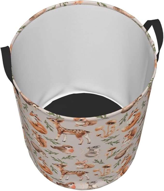 Forest Little Animal Laundry Hamper Bag, Deer Squirrel Hedgehog Fox Round Laundry Basket Foldable Clothes Storage Organizer For Bathroom Bedroom Nursery Dorm, S-16.5"X 13.8"