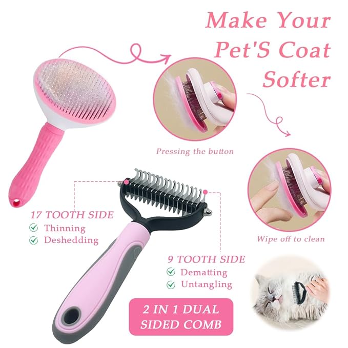 Dog Grooming Brush Shedding Kit, 10 Pcs All In One Pet Self Cleaning Kit with Slicker Brush, Deshedding Tool, Dog Grooming Scissors, Pet Nail Clippers and File for All Breeds of Dogs and Cats