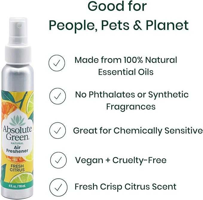 Absolute Green Air Freshener Room Spray, Non-Toxic, Cover Odors, Safe around Kids and Pets, Natural Fresh Citrus Scent 4oz (Pack of 2)
