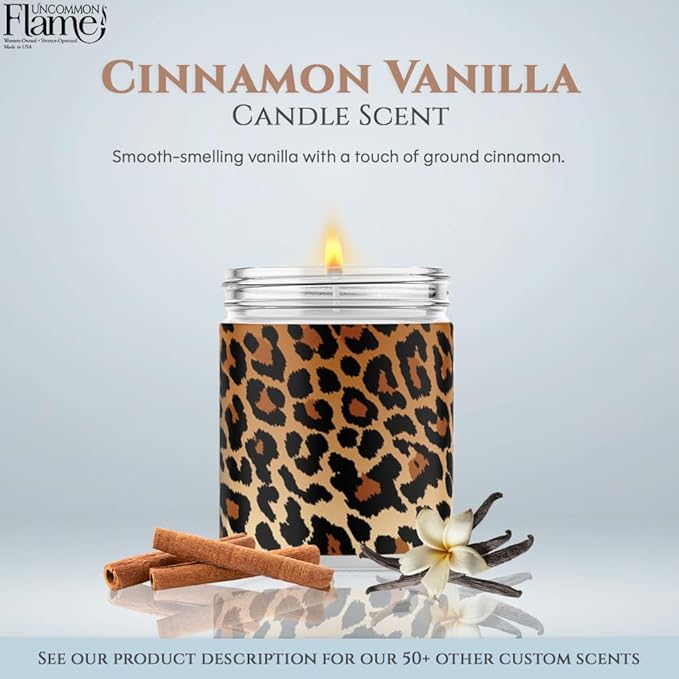 100% Handmade Non-toxic Soy Wax Candle, Warm Sweet Scent, 120hr Burn, Soot Free, Cotton Wick, 16 oz - Fun Animal Print, Cheetah Design (Leopard Print, Cinnamon Vanilla)