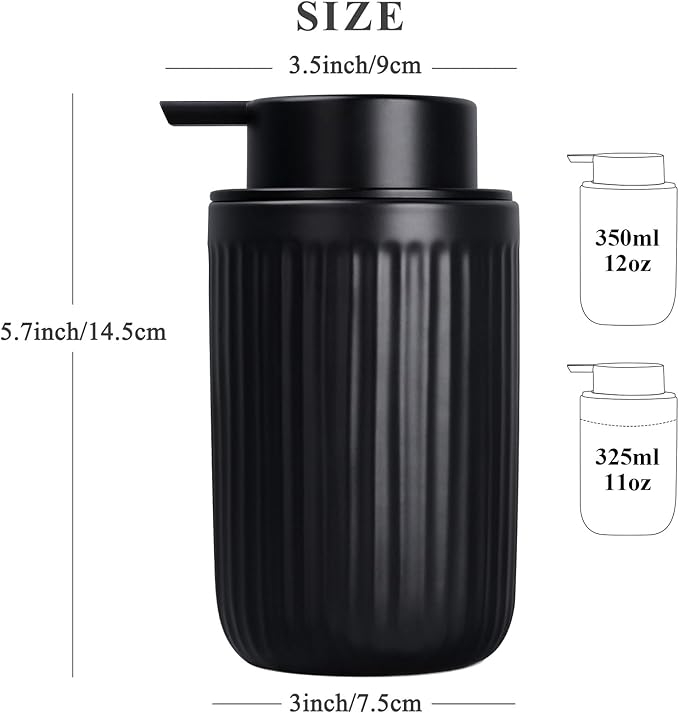 BosilunLife Foam Hand Soap Dispenser - Ceramic Black Foaming Soap Dispenser for Bathroom 12oz Refillable Liquid Lotion Soap Dispenser with Rust-Proof foaming Pump for Countertop