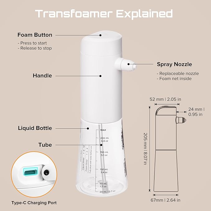 Airversa Electric Foaming Shampoo Dispenser Foam Sprayer 1100mAh IPX8 Shampoo Foamer for Woman Men Baby Kid Dog Cat ES1-Black