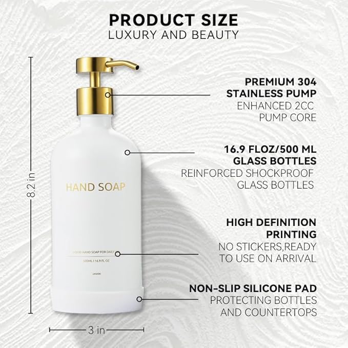 Soap Dispenser Set with Non-Slip Protective Silicone Pad, Hand Soap Dispenser for Bathroom and Kitchen Decor, White and Gold Accessories (White Bottles + Gold Pumps)