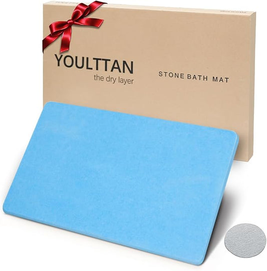 Stone Bath Mat 24"x16" - Diatomaceous Earth Shower Mat, Quick Dry, Anti-Slip, Modern Design with Bonus Non-Slip Pad - Perfect for Home Safety and Style, (Blue)
