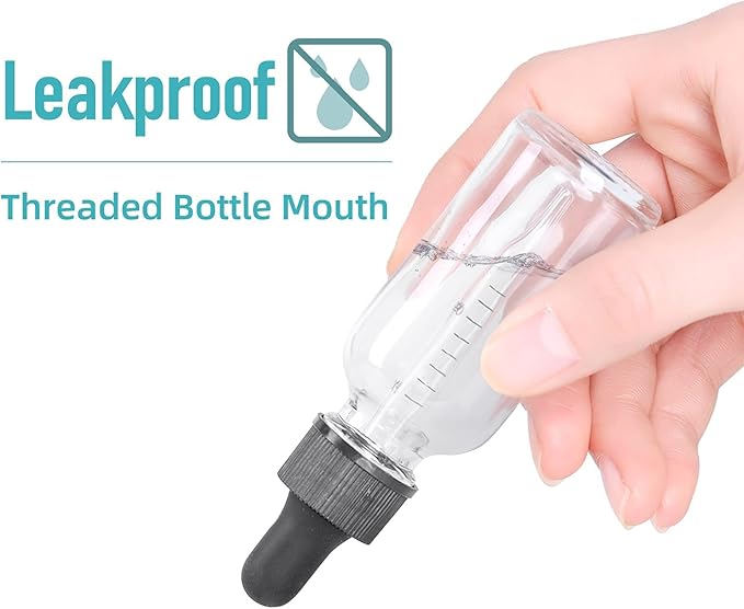 1 oz Dropper Bottle 48 Pack Clear Glass Boston Bottles 30ml with Eye Droppers Black Caps for Essential Oils, Perfume, Leak Proof Travel Bottles for Liquids