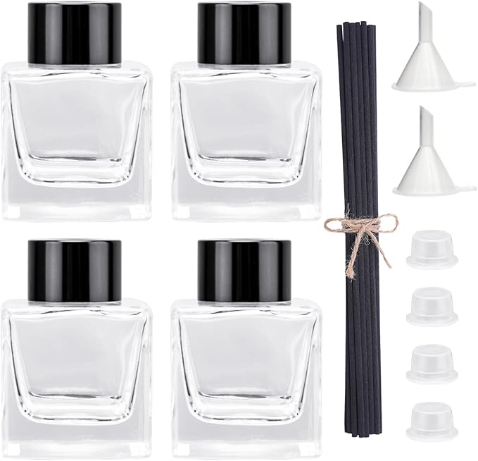 4PCS Refillable Fragrance Glass Diffuser Bottles with 20pcs Reeds Sticks & Black Caps & Funnel, Diffuser Jars for Home Oil Fragrance Decoration Girl Women Gift (50ML)