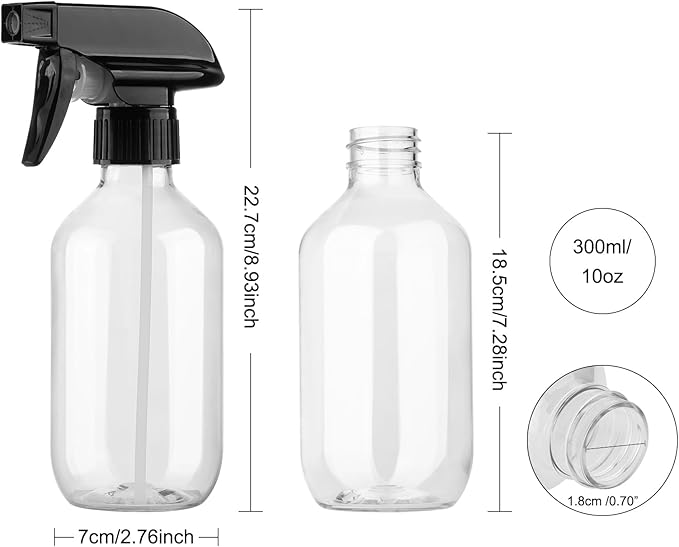 Plastic Spray Bottles Clear and Brown Refillable Container Empty Spray Bottle 10oz/300ml Adjustable Head Sprayer and Stream for Cleaning Products, Plants, Pet, Hair