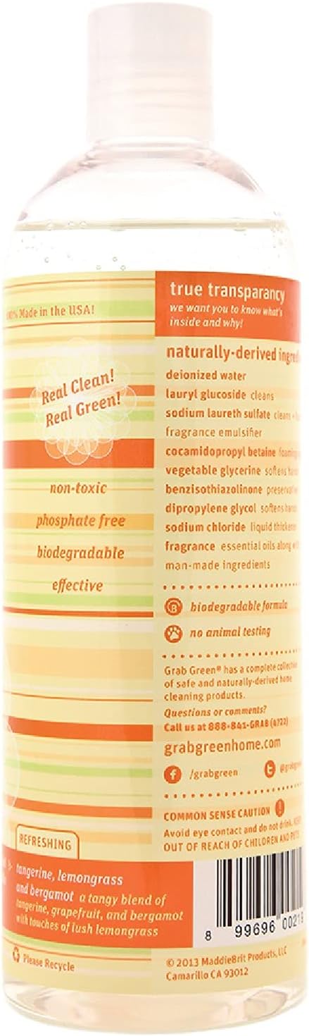 Grab Green Liquid Dish Soap, 16 Ounce (Pack of 3), Tangerine Lemongrass Scent, Biodegradable, Plant and Mineral Based, Removes Grease, Gentle on Hands