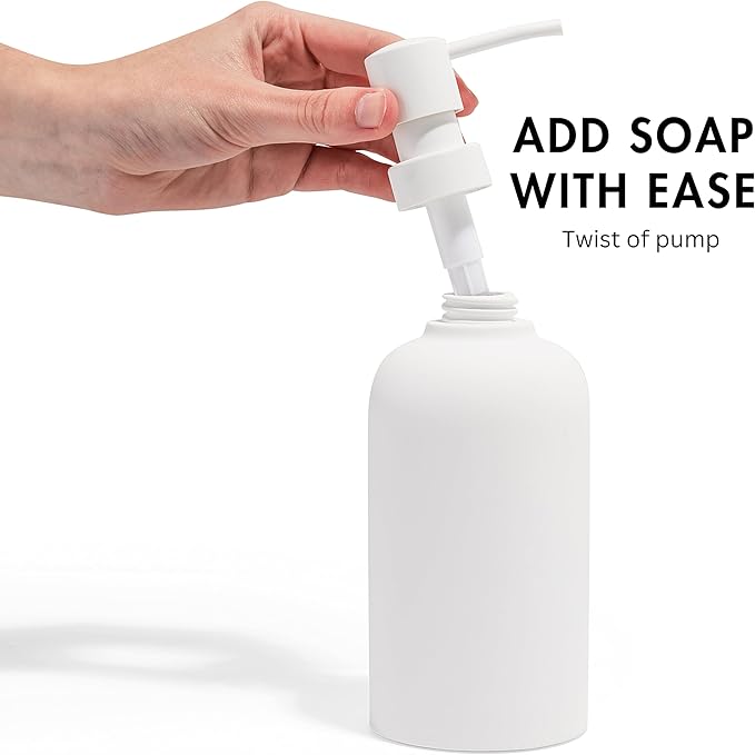 Matte White Soap Dispenser Set with Tray, 2 Pack 15oz Round Rustproof Liquid Hand Dish Soap Dispensers with Tray for Kitchen Sink, Countertop, and Bathroom