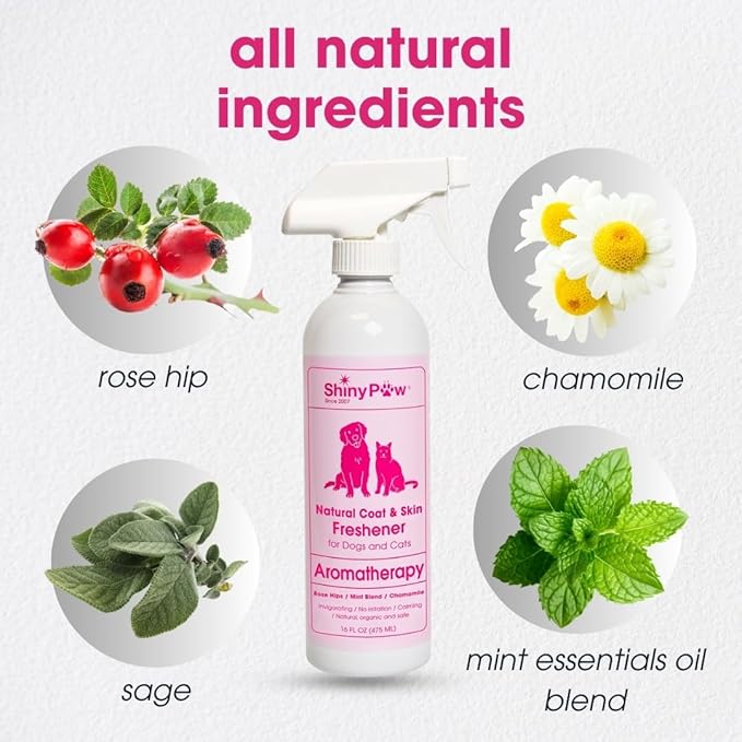 Dog Grooming Spray | Rose Hip, Chamomile & Mint Coat & Skin Freshener by Shiny Paw 16 oz | Dog Odor Spray | Made in the USA