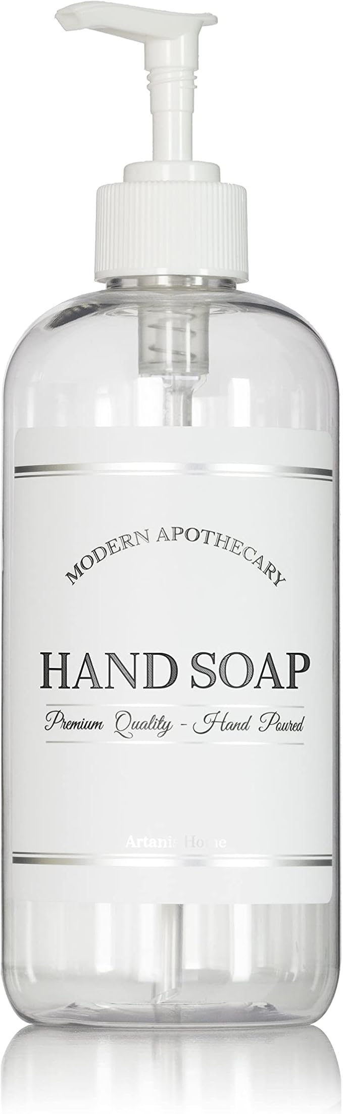 Refillable Clear PET Plastic 16 oz Hand Soap Bottle with White Plastic Pump Dispenser - Chrome Accent Waterproof Labeled Bottle