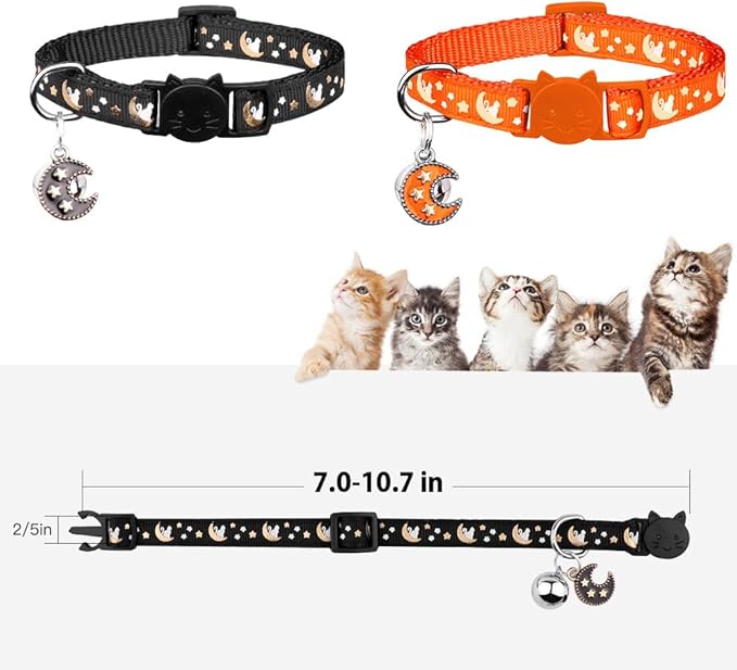 2Pcs Breakaway Cats Collars Cat Collars for Boy & Girl Cats Adjustable Kitten Collars with Bell,Black+Tangerine