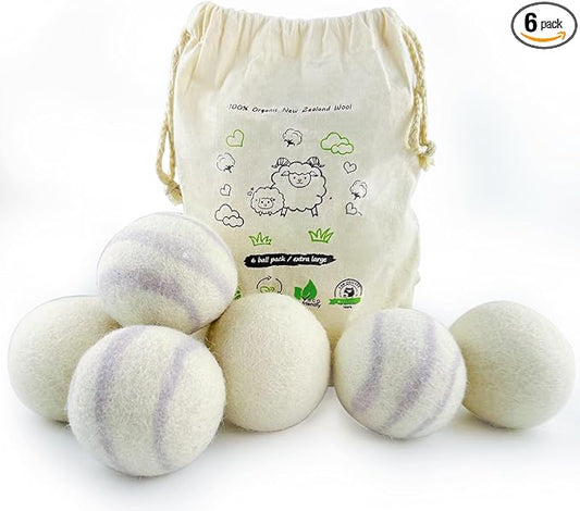 Wool Dryer Balls Laundry Reusable, 100% Natural New Zealand Wool Balls for Dryer, 6 in 1 Pack (Grey Stripe)