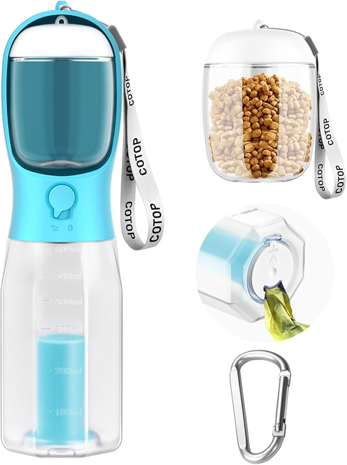 20oz Dog Water Bottle with Food Container & Poop Bag Dispenser | Leak-Proof Portable Pet Water Dispenser with Carabiner Clip | for Walking, Hiking, Travel