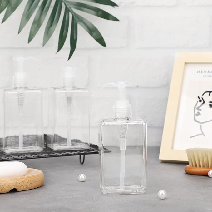 Suream Refillable Shampoo and Conditioner Bottles, 9.5oz/280ml Clear Plastic Pump Dispensers for Shower, Square Empty Bathroom Bottle for Body Wash, Essential Oil, Soap Liquid, Lotion, 3Pack