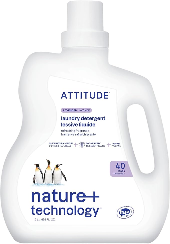 ATTITUDE Liquid Laundry Detergent, EWG Verified, HE Compatible, Plant-Based & Vegan, Natural Laundry Soap, Lavender Scent, 40 Loads, 67.6 Fl Oz