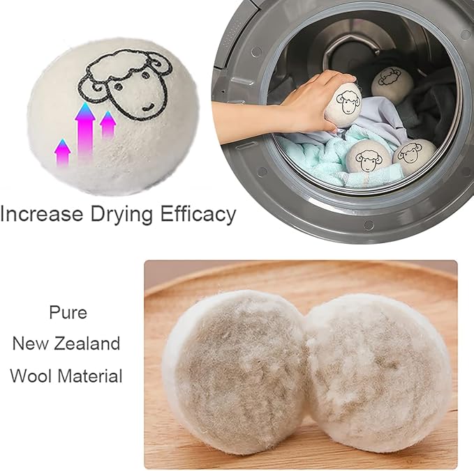 6-Pack Wool Dryer Balls Reusable Laundry Balls for Dryer Natural Fabric Softeners and Wrinkle Release, Organic and Eco Wool Dryer Ball for Pet Hair Removal, Dryer Sheets, Drying Ball