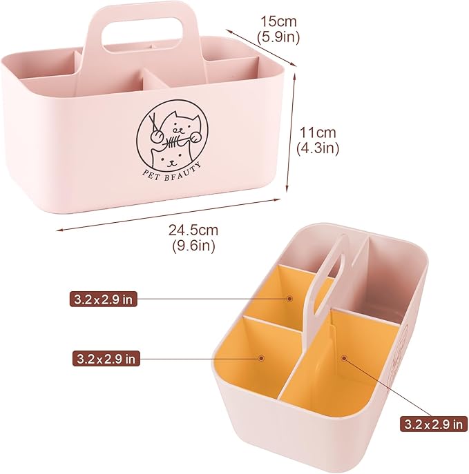 5-Compartment Pink Dog Stuff Storage Caddy for Grooming Supplies, Portable Organizer with Handle