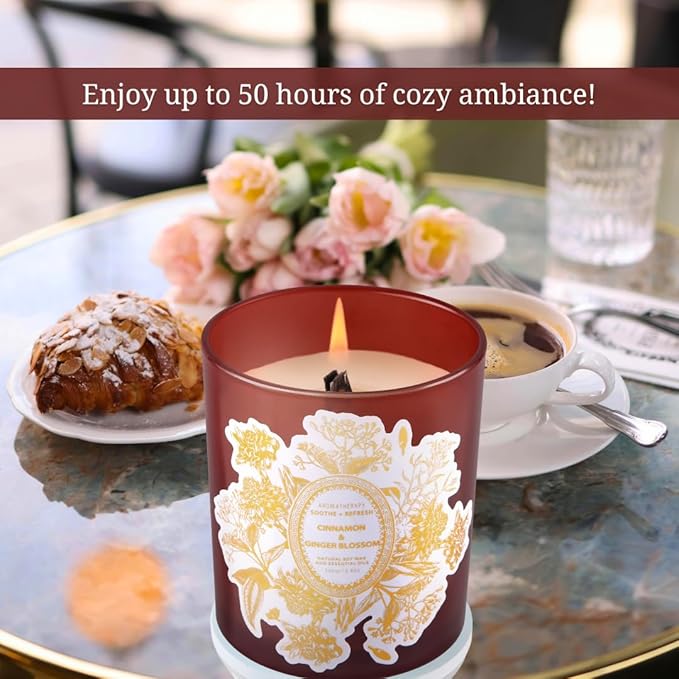 Cinnamon & Ginger Blossom Scented Candle - Large Wood Wick Soy Candle, 10.6 oz - Warm Fall & Autumn Aromatherapy Candle for Home - Long-Lasting, Clean Burn
