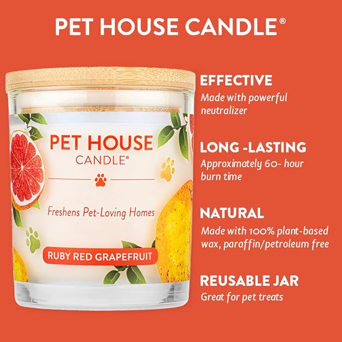 One Fur All Citrus Candle 9 OZ Plant-Based Soy Candle, Clean Burning and Long Lasting Air Freshener with a 60 Hour Burn Time - Ruby Red Grapefruit