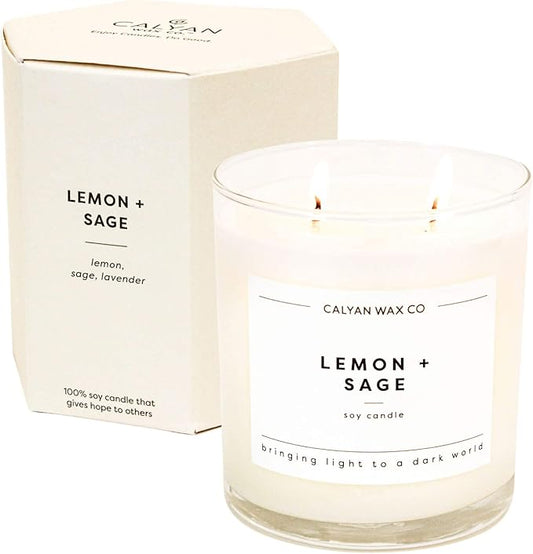Calyan Wax Co. 2 Wick Candle, Lemon + Sage Scented Candle, 37 Hour Burn Time, Aromatherapy Soy Candles, Non Toxic & Vegan Soy Wax, Glass Tumbler Scented Candles, 8.8oz