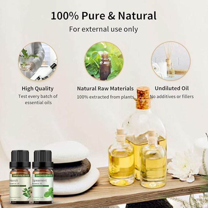 GREENSLEEVES Neroli Spearmint Essential Oil Set, 2 x 10ml Pure Plant-Based Fragrance Oil for Aromatherapy, Essential Oils for Diffuser, Massage, Bath Bomb, Scented Candle Soap Making