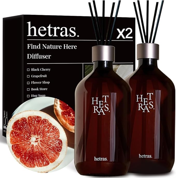 hetras Premium Reed Diffuser Set 16.9 fl.oz. 2 Pack | Grapefruit Scent | Long-Lasting Luxury Fragrance with 10 Reed Sticks for Home & Office | Gifts for Loved One