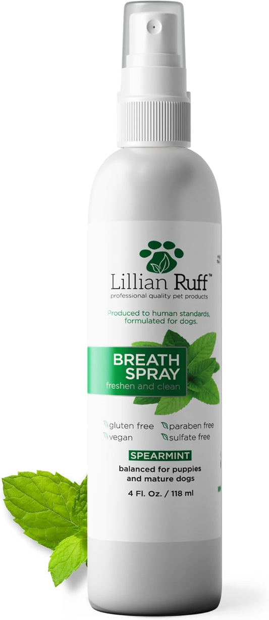 Lillian Ruff Dog Breath Freshener Dental Care Spray - Dog Oral Health Teeth Cleaning Formula Targets Bad Dog Breath, Plaque & Tartar Build-Up, Supports Oral Care, Gum Health & Immune System (4oz)