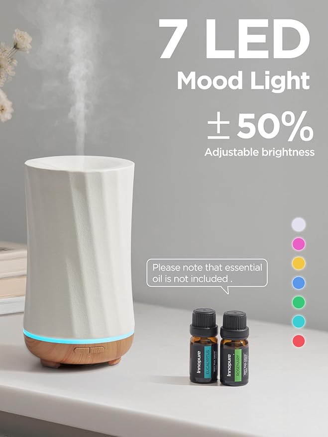 InnoGear 150ml Ceramic Oil Diffuser, Handcrafted Stone Essential Oil Diffuser Aromatherapy Diffusers Ultrasonic Cool Mist Humidifier Vaporizor with 2 Mist Modes for Room Home, White Twist Ceramic