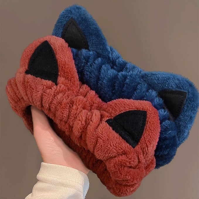 Huachi 2 Packs Cute Cat Spa Headband for Washing Face Makeup Skincare, Animal Headbands for Women Girls Trendy Stuff Gifts Soft Coral Fleece Facial Wash Hair Accessories (Blue + Red)