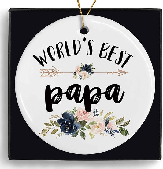 World's Best Papa Ceramic Ornaments Gifts, Dad Father Daddy Round Hanging Ornament Decor Decorations for Christmas Tree Car, Thank You Appreciation Gifts for Papa Birthday Holiday Father's Day