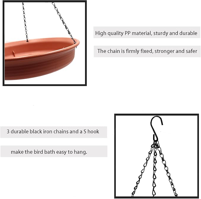 12 Inch Hanging Bird Bath and Feeder With Hook and Chain for Outdoor Garden Yard Patio