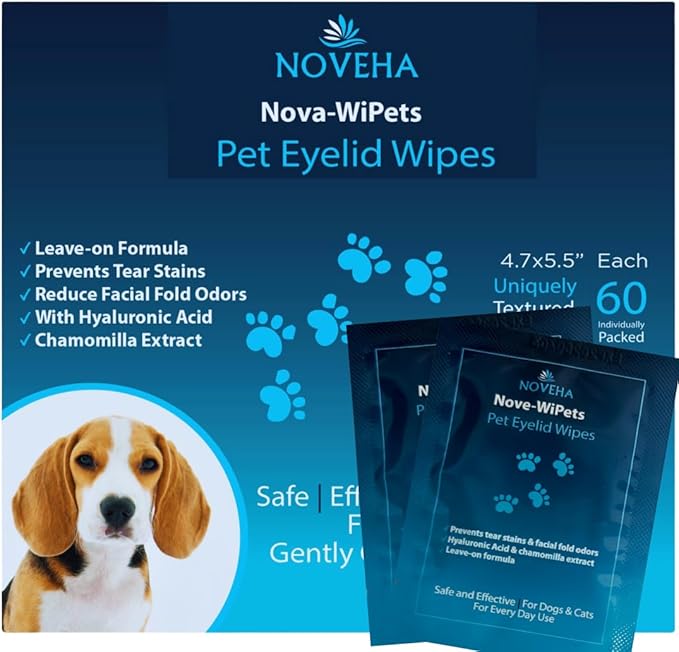 NOVEHA 60PCs - Dog Eye Wipes, Individually Packed Gentle Tear Stain Remover with Hyaluronic Acid, Refreshing Dog Eye Cleaner for Dirt & Discharge Removal