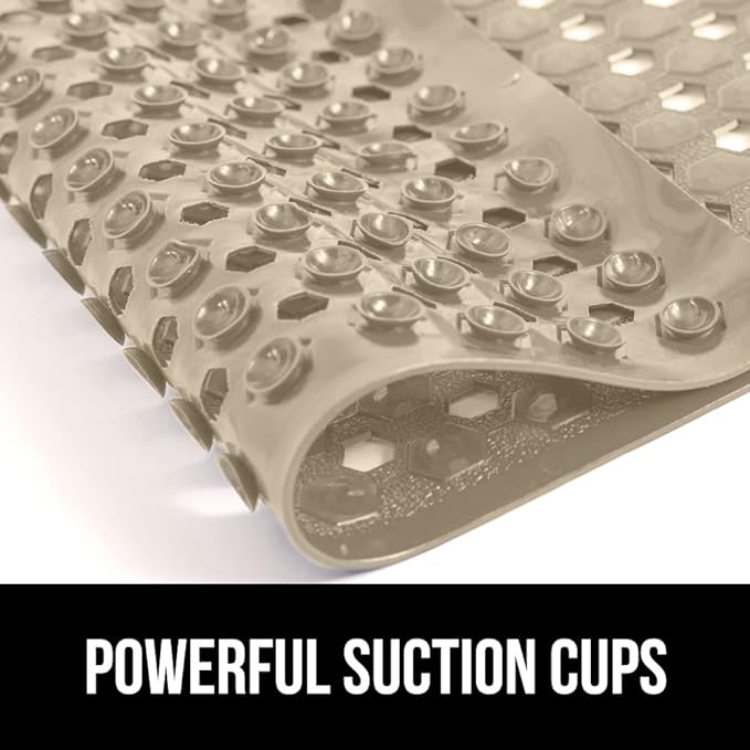 GORILLA GRIP Patented Bath Tub Shower Mat, Machine Washable Bathtub Floor Liner Mats, Suction Cups and Drain Holes to Keep Tubs Clean, Soft on Feet, Bathroom Essentials, 35x16 Inch, Beige