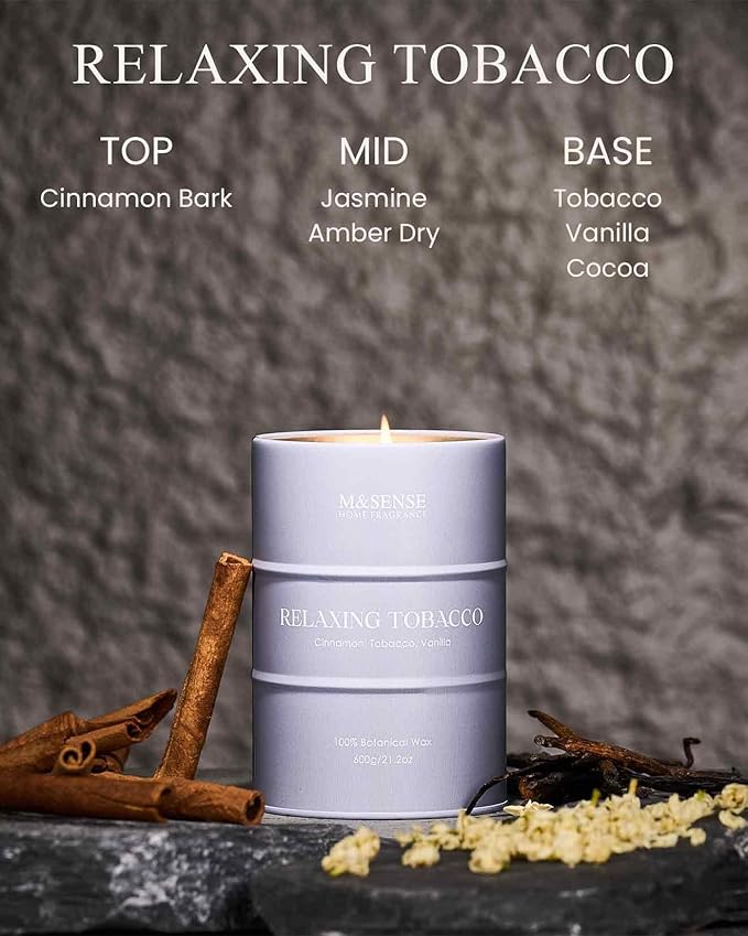 M&SENSE Tobacco Scented Candles Large, Natural Soy Candles 21.2oz 120 Hour Slow Burning,Aromatherapy Candle for Stress Relief Meditation Relaxing