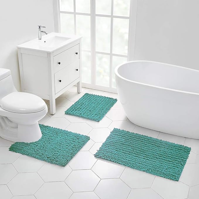 Walensee Large Bathroom Rug Non Slip Bath Mat (24x60 Inch Turquoise) Water Absorbent Super Soft Shaggy Chenille Machine Washable Dry Extra Thick Perfect Absorbant Best Plush Carpet for Shower Floor
