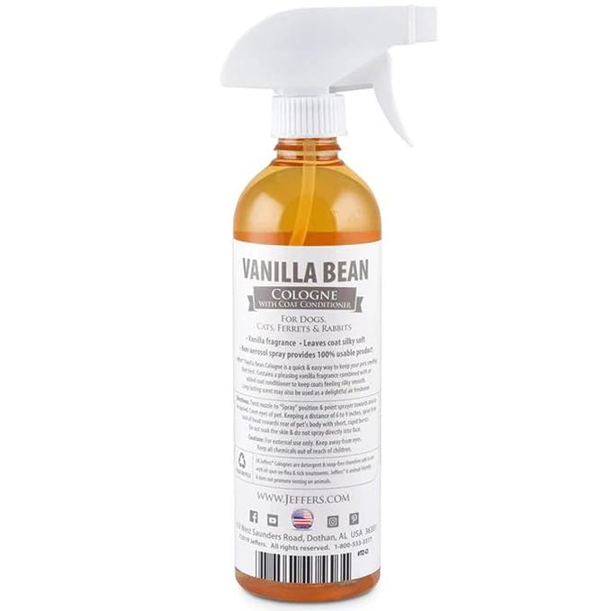 Jeffers Pet Cologne Spray with Coat Conditioner for Dogs & Cats, Vanilla Bean - Detergent & Soap Free Grooming Fragrance Mist, Deodorizer, Freshener, Safe for Pets, Salon, Home Use - 16 oz