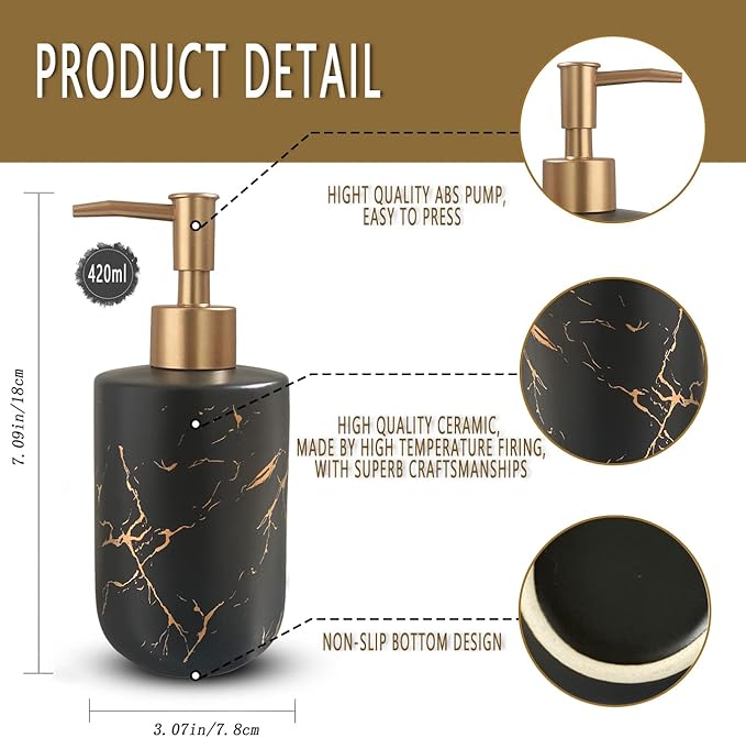 Black Marble Ceramic Soap Dispenser with Golden Pump for Bathroom Kitchen Refillable Dish Dispenser Liquid Hand Dispenser Empty Bottle (Black)