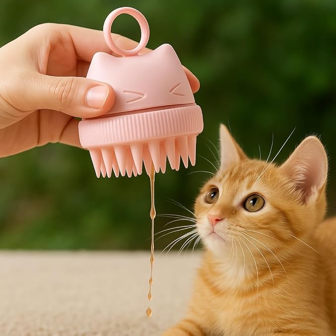 Silicone Cat Bath Brush - Soft Pet Grooming Tool with Integrated Shampoo Dispenser | Gentle Massage Bristles for Cats & Small Dogs(Pink)