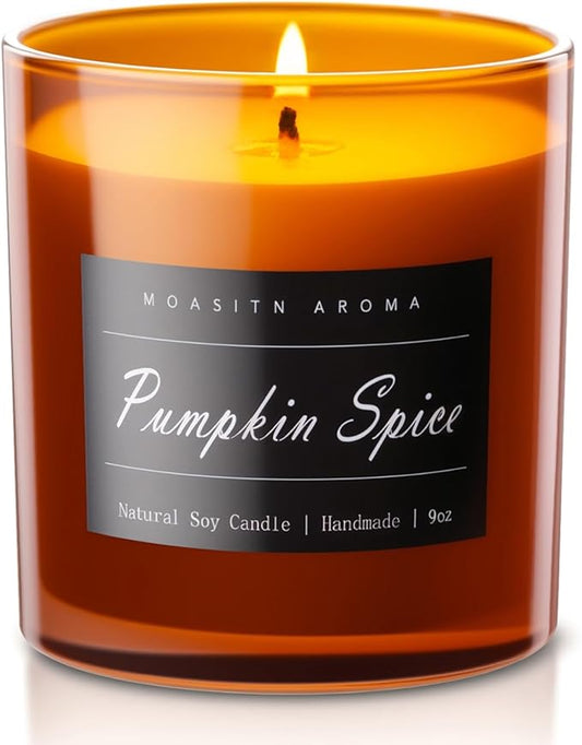 MOASITN Pumpkin Spice Strong Scented Large Luxurious Candles for Home| Organic Soy Fall Candles| Handmade Long Lasting Aromatherapy Jar Candel for Women,Men| as Autumn,Halloween,Relaxing Gifts| 9oz