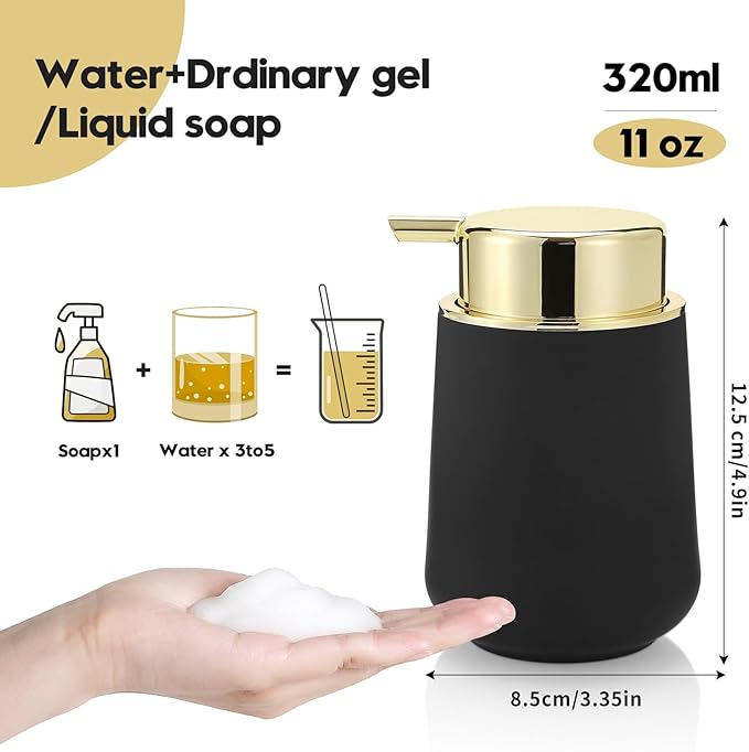 Matte Black and Gold Foaming Hand Soap Dispenser Plastic 11 oz - Modern Luxury Style for Bathroom & Kitchen Countertop Refillable