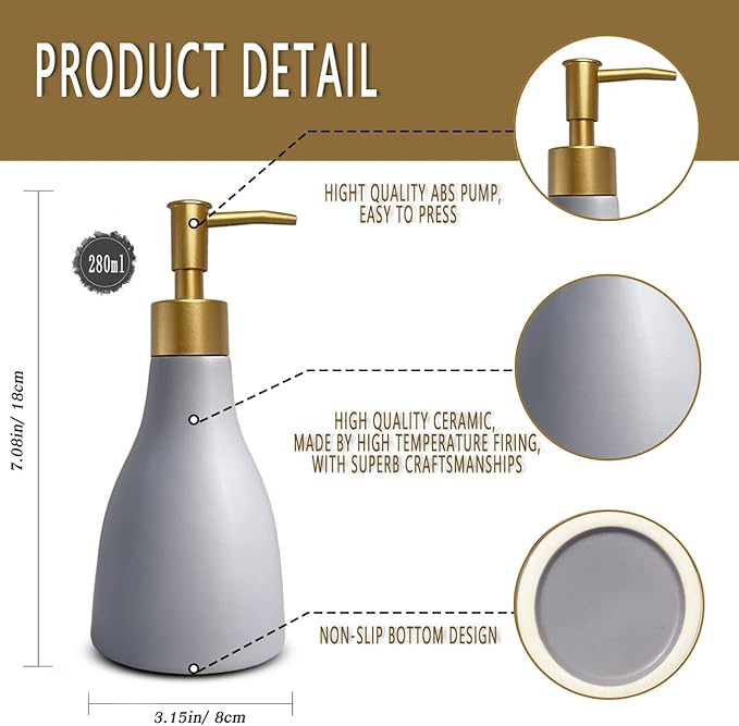 280ml Liquid Soap Dispenser for Bathroom with Gold Pump，Dish Soap Dispenser for Kitchen，Refillable Countertop Lotion Ceramics Gray Hand Soap Dispenser for Shower