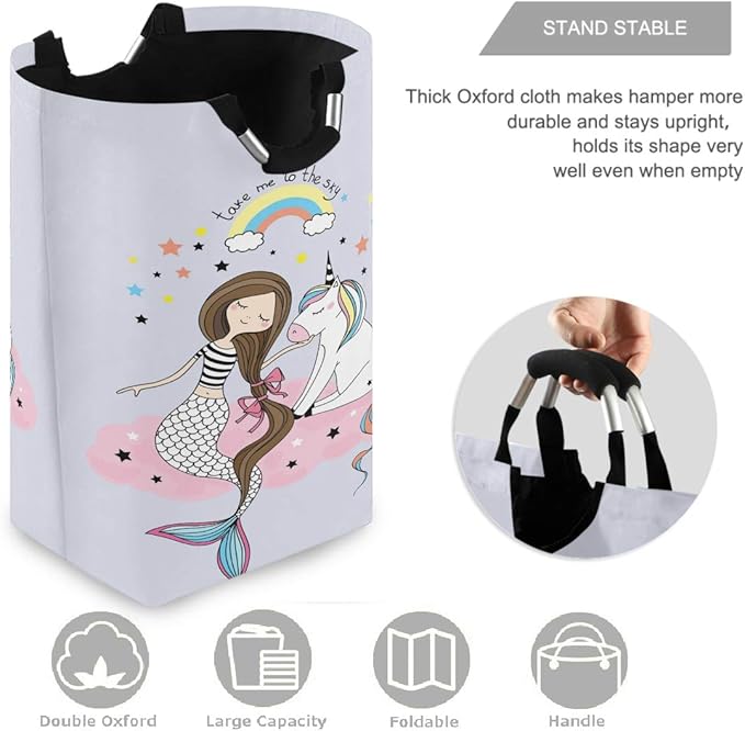 visesunny Unicon Mermaid Rainbow Large Laundry Bag Collapsible Oxford Fabric Laundry Hamper Foldable Portable Dirty Clothes Laundry Basket with Handles Waterproof Washing Bin Laundry Tote Bag
